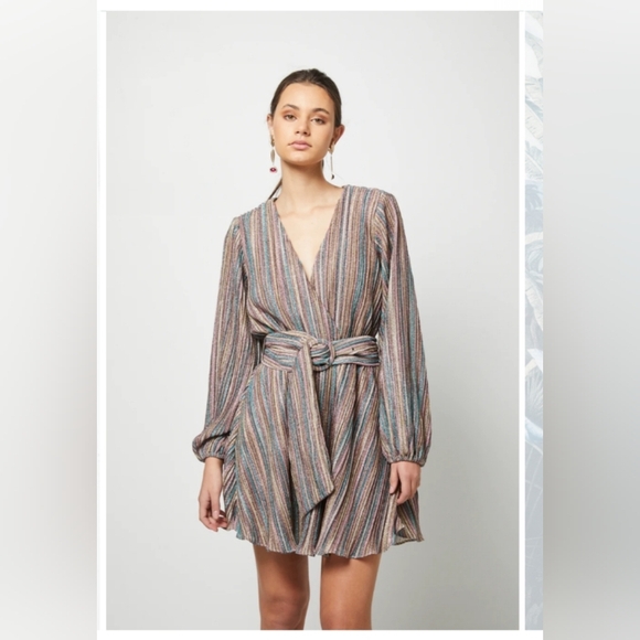 ELLIATT Layla Multi Stripe Long Sleeve Dress | Mini Wrap Look | No  Belt | M - Picture 3 of 10